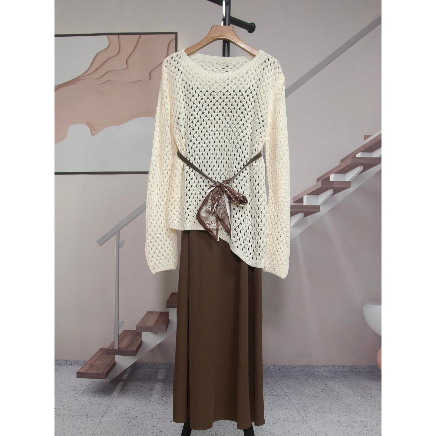 JOYIASS气质一整套ootd穿搭2025春秋新款吊带背心裙外搭镂空针织