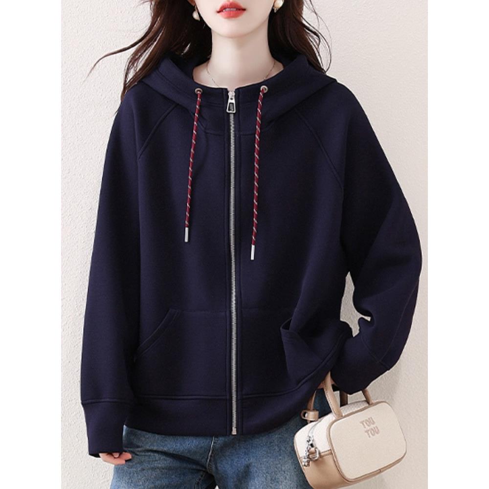 JOYIASS大码女装撞色抽绳设计休闲宽松百搭胖mm连帽卫衣外套秋季