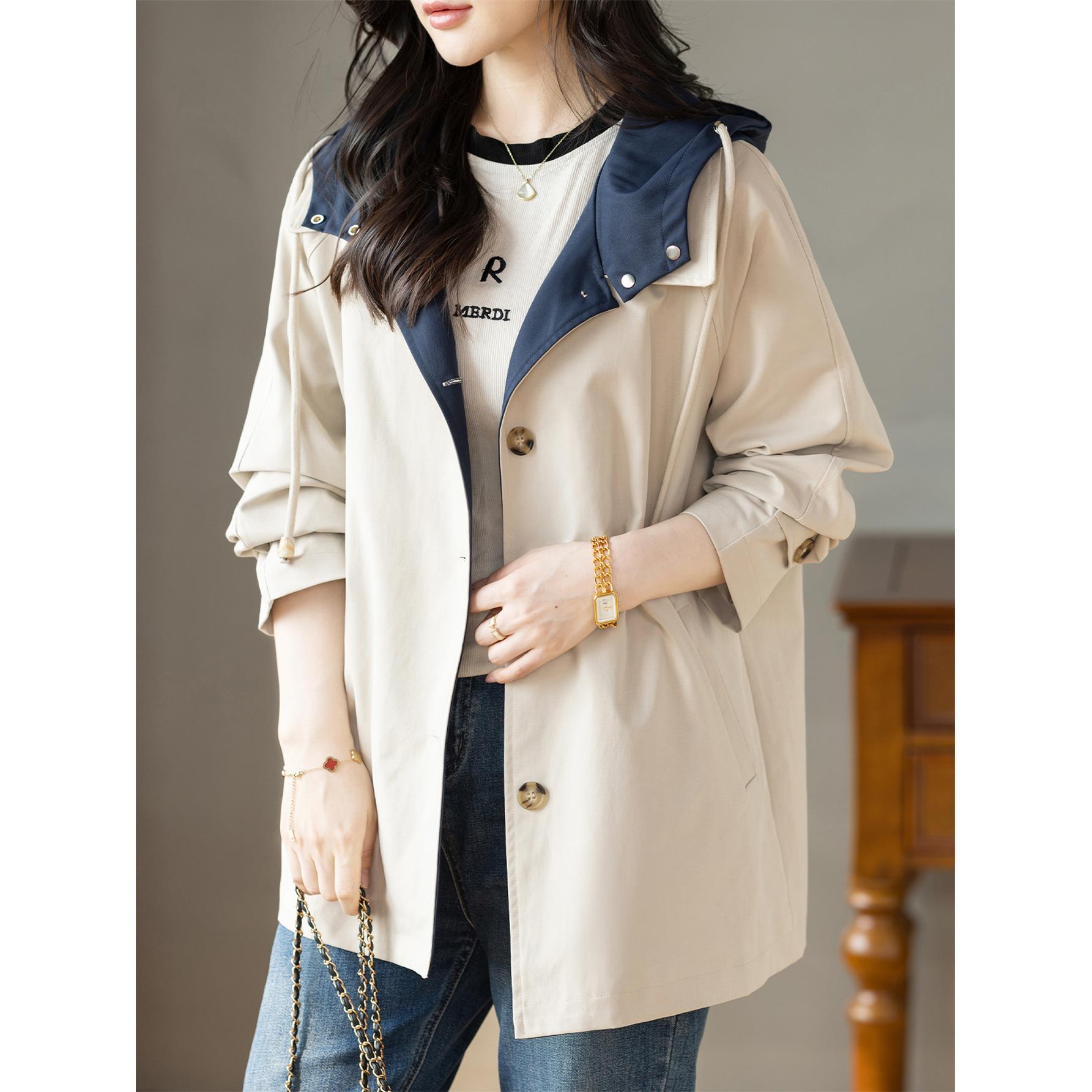 JOYIASS撞色连帽风衣2025秋冬新款抽绳学院风气质百搭显瘦外套女