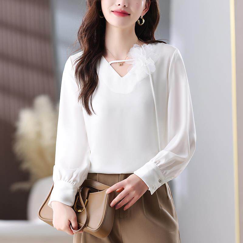 BLLOUKE妈妈白色v领长袖衬衫女士春秋2025新款早春装气质时尚衬衣