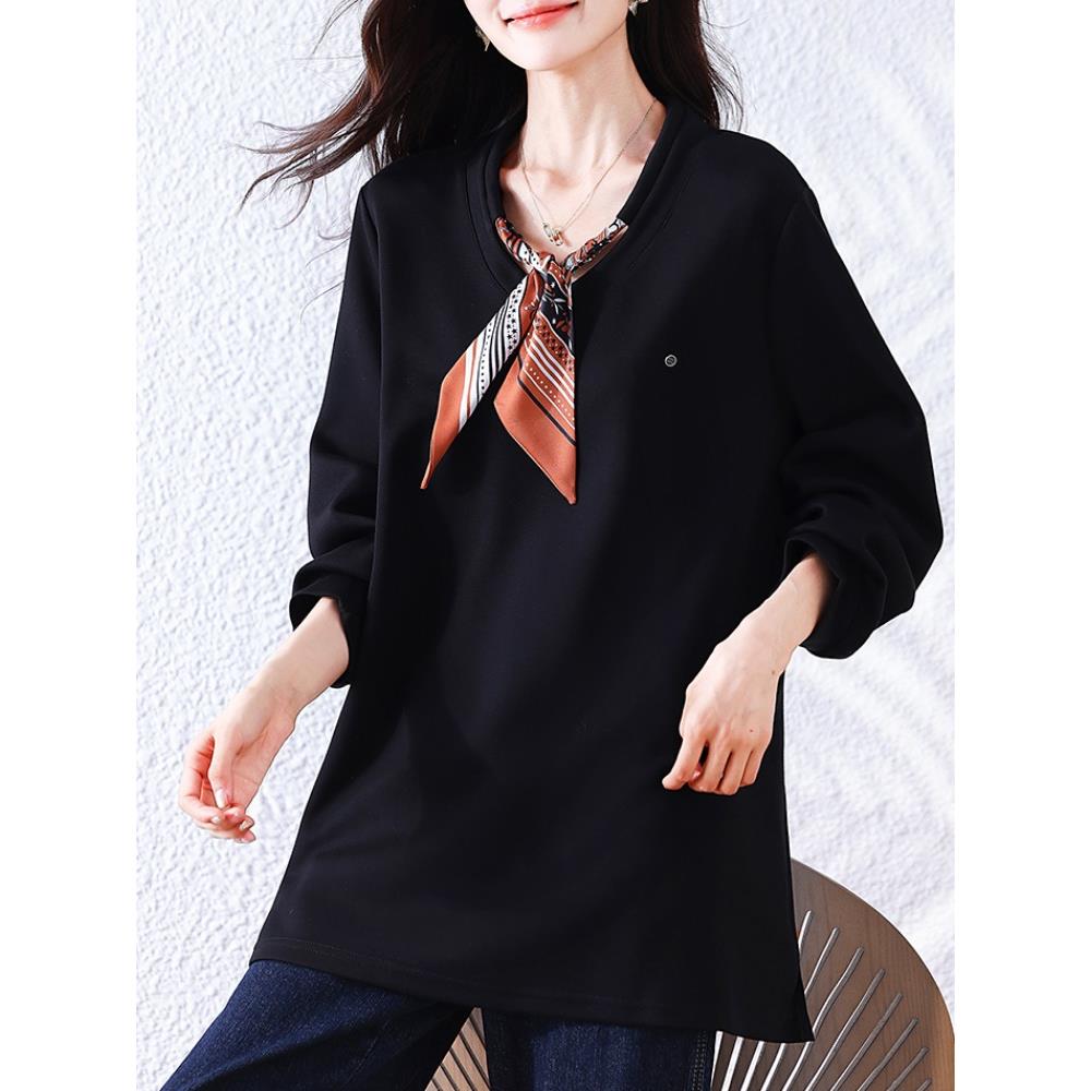 JOYIASS气质黑色丝巾卫衣秋季2025新款宽松上衣大码欧货时尚女装