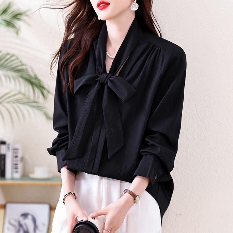 JOYIASS黑色V领衬衫女设计感小众飘带2025秋新款高级感长袖上衣