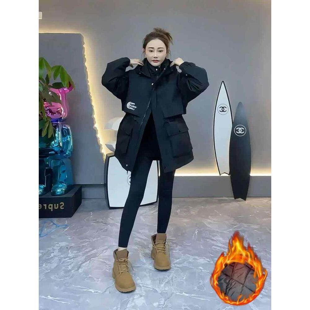 JOYIASS派克服女款2025新款黑色中长款工装连帽冲锋衣洋气收腰夹