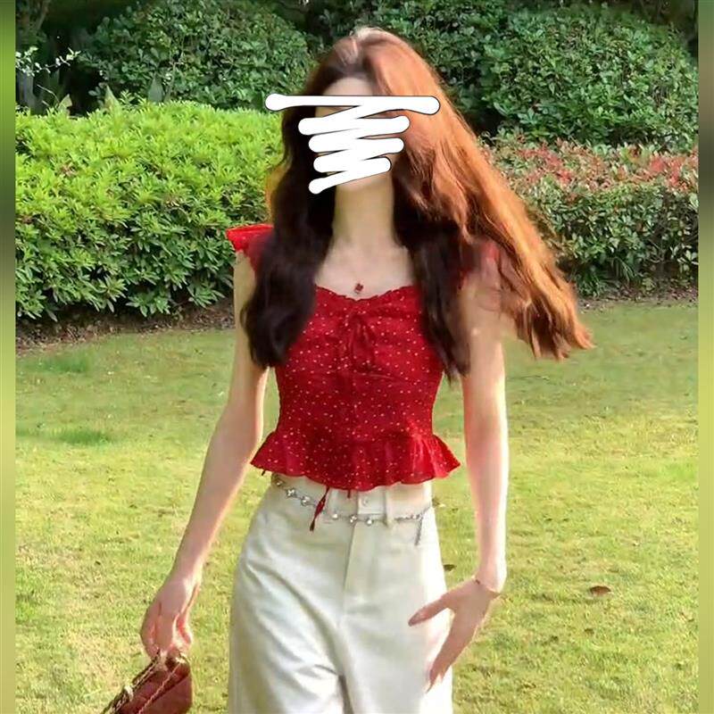 BLLOUKE红色波点小飞袖背心衬衫女2025夏季新款甜辣修身显瘦气质