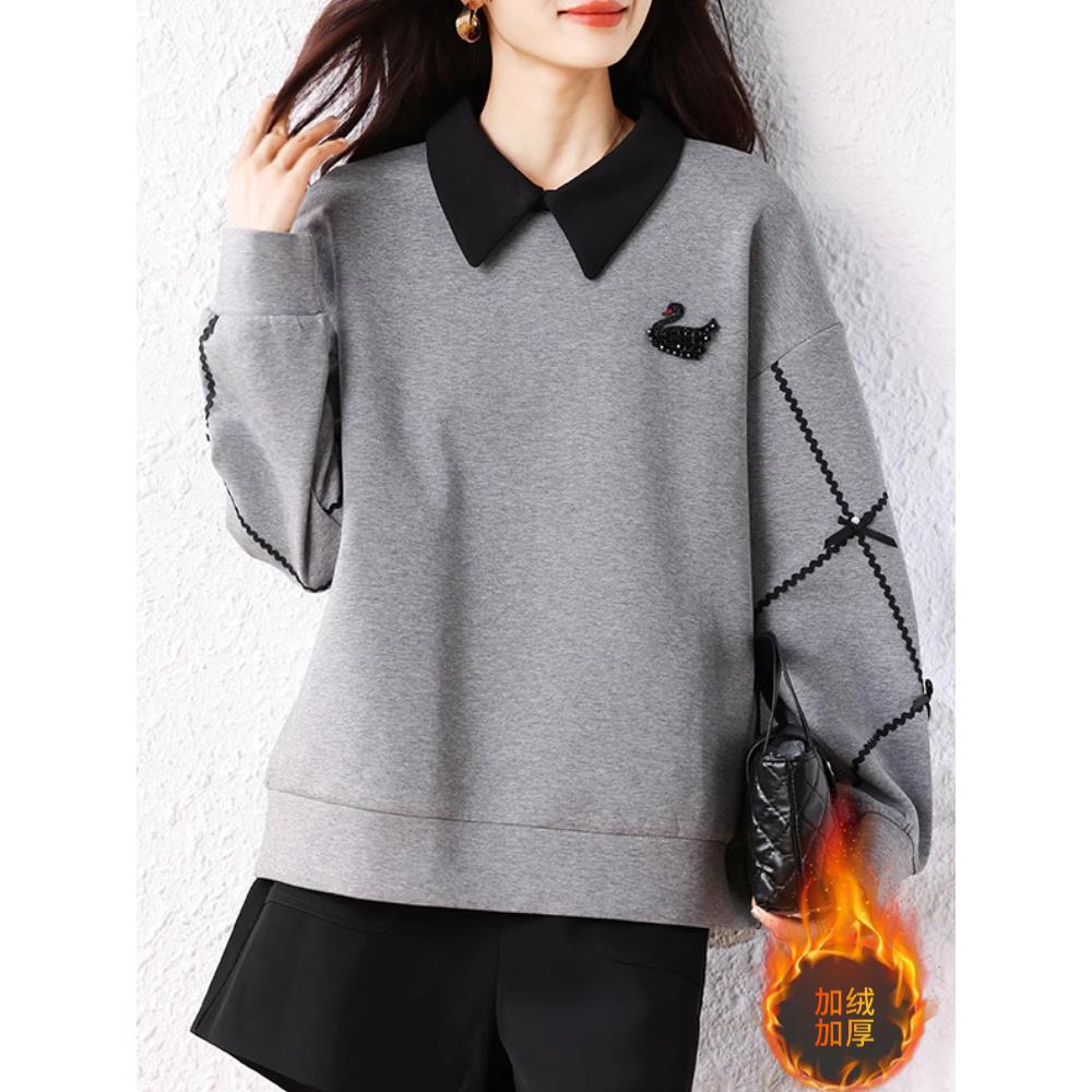 JOYIASS加绒加厚气质烫钻大码天鹅卫衣冬季时尚宽松减龄长袖上衣