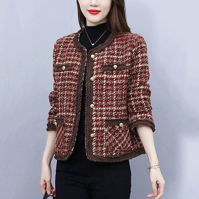 BLLOUKE安可拉红格子小香风外套女春秋冬2024新款加厚粗花呢妈妈
