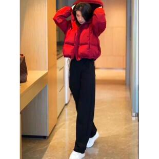 JOYIASS2025冬季小个子时尚套装红色连帽保暖服外套加绒裤子减龄