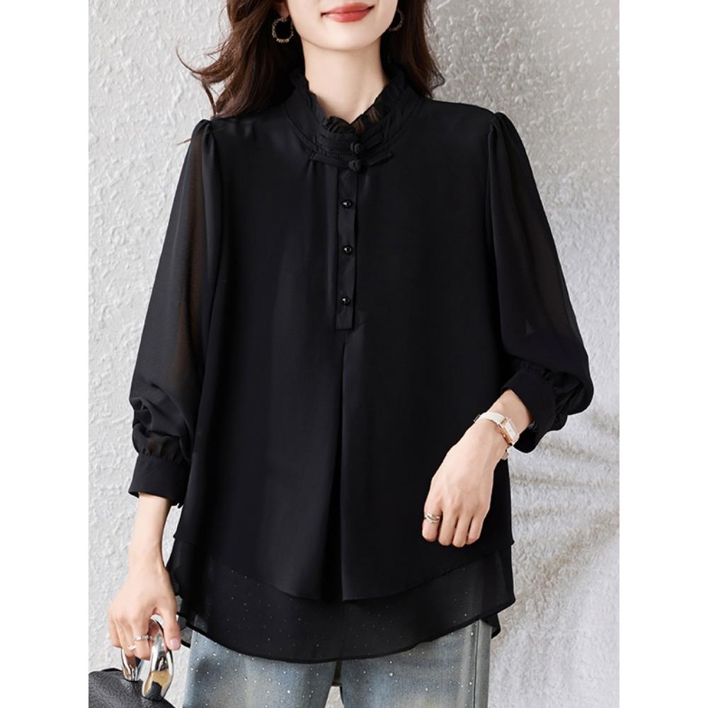 JOYIASS立领覆古新中式宽松雪纺衬衫女2025早秋新款遮肚显瘦上衣
