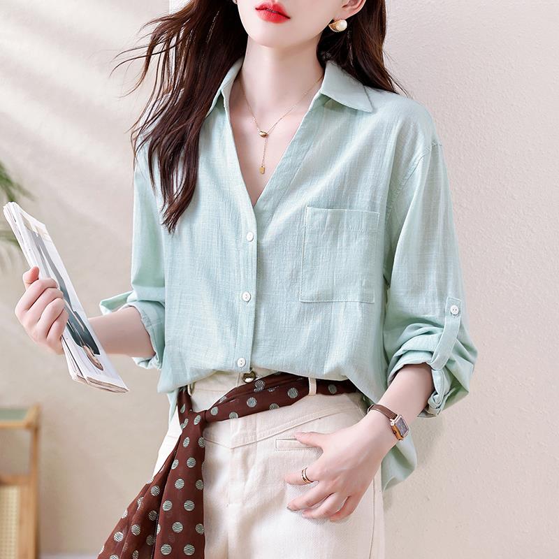 JOYIASS2025年秋季新款薄荷绿清新V领显瘦宽松衬衫女送丝巾