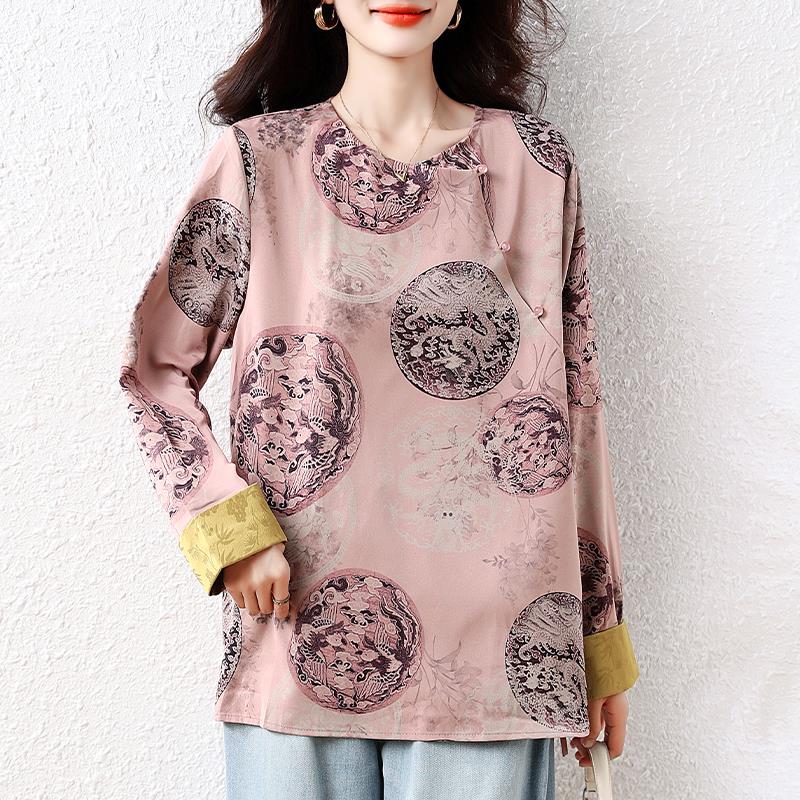 JOYIASS高级感宽松拼接圆领衬衫女秋季新款中式洋气百搭休闲上衣