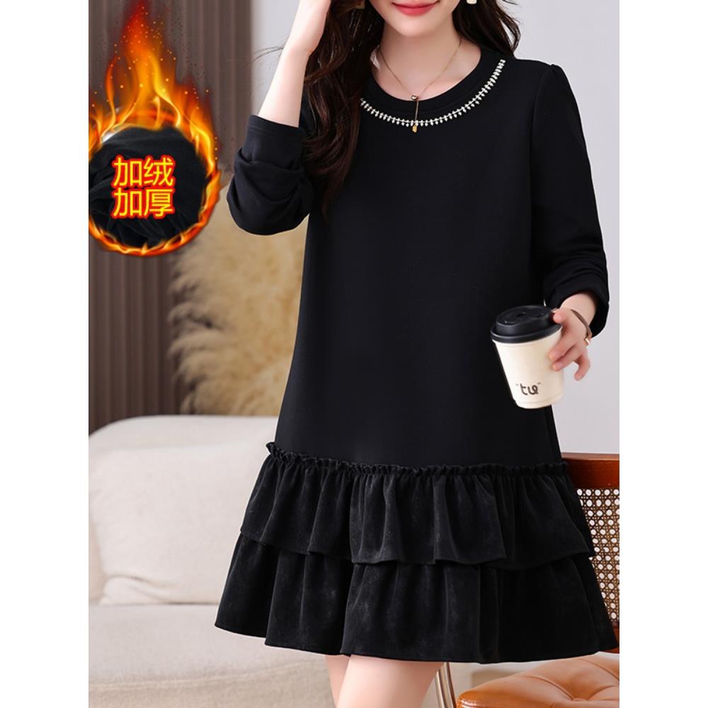 JOYIASS大码卫衣裙拼接钉钻连衣裙冬装新款胖mm洋气减龄加绒加厚