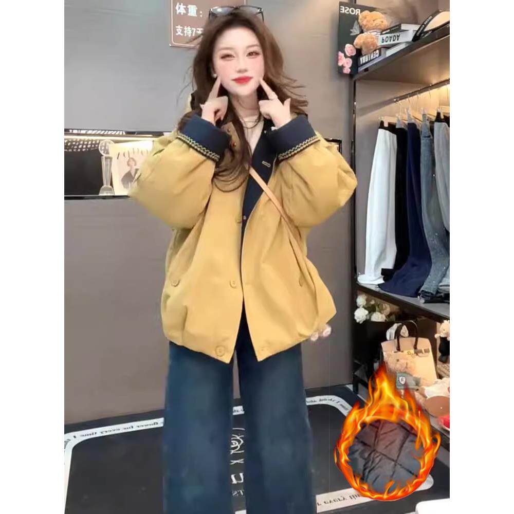 JOYIASS短外套女2025秋冬季新款韩版减龄连帽夹袄百搭撞色休闲冲