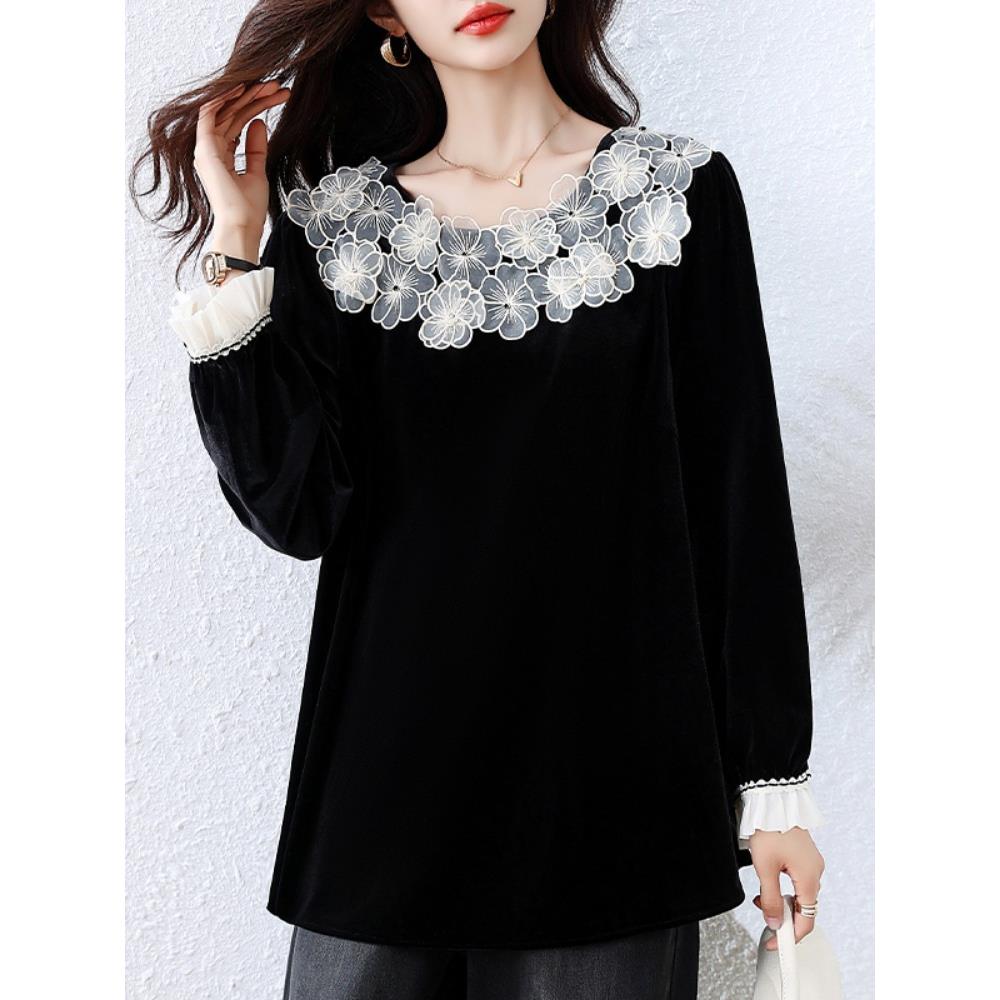 JOYIASS气质丝绒拼接衬衫2025秋季新款宽松上衣大码欧货洋气小衫