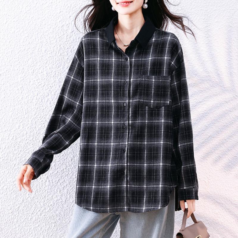 JOYIASS休闲黑色格子衬衫女秋季2025新款衬衣上衣大码女装
