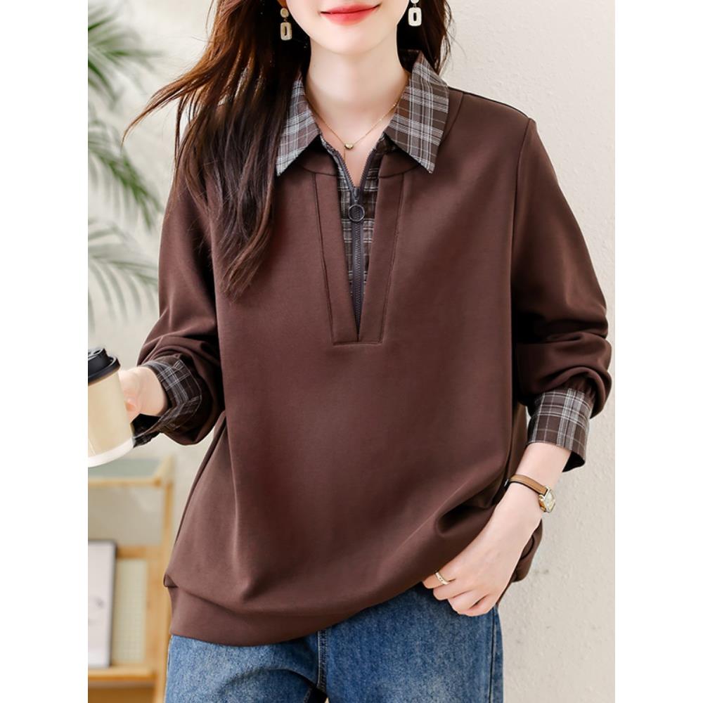 JOYIASS大码女装气质翻领假两件卫衣女秋装拼接宽松显瘦长袖上衣