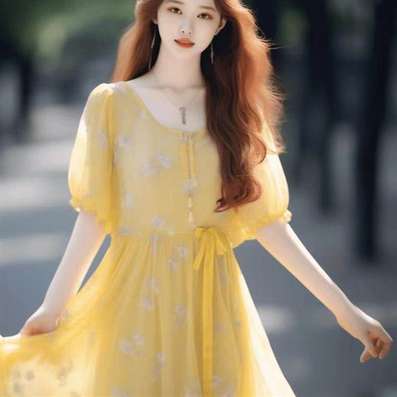 BLLOUKE超仙女泡泡袖黄色波点连衣裙子女夏季海边度假风收腰雪纺