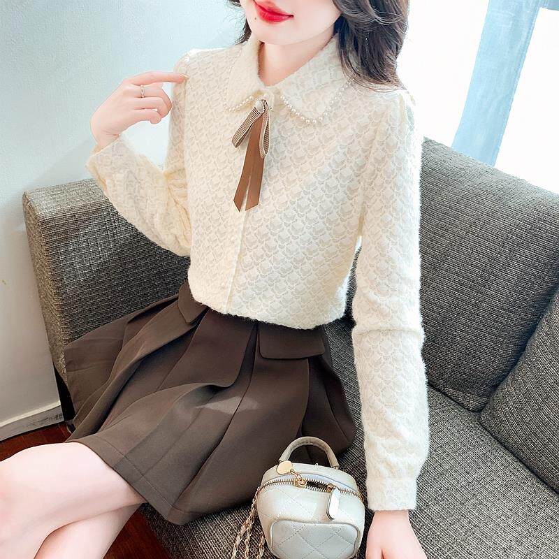 JOYIASS加绒加厚杏色蕾丝衬衫女士秋冬巨好看的高级感独特绝内搭