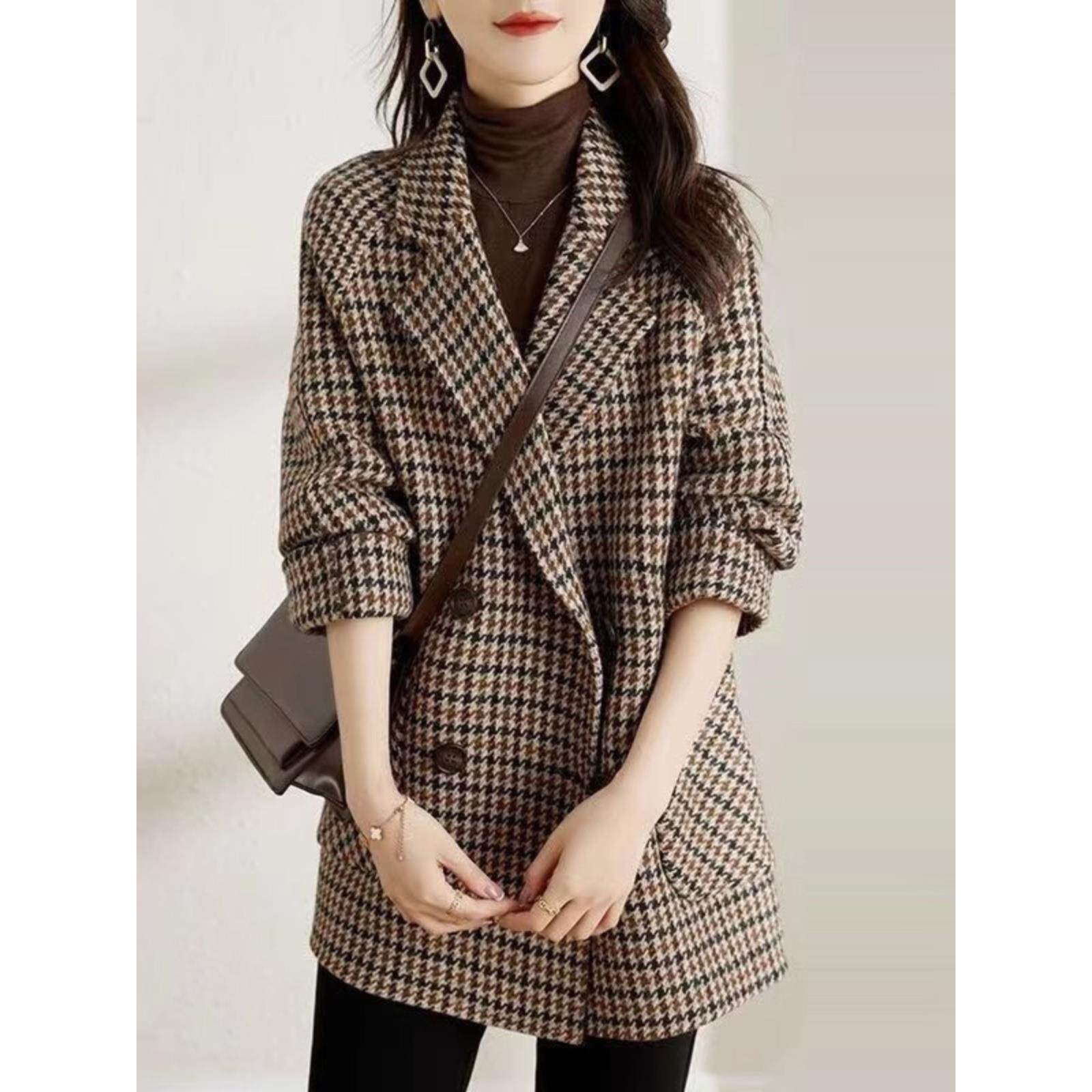 JOYIASS大衣高级感西装外套女士早秋妈妈夹加厚千鸟格纹中长款上