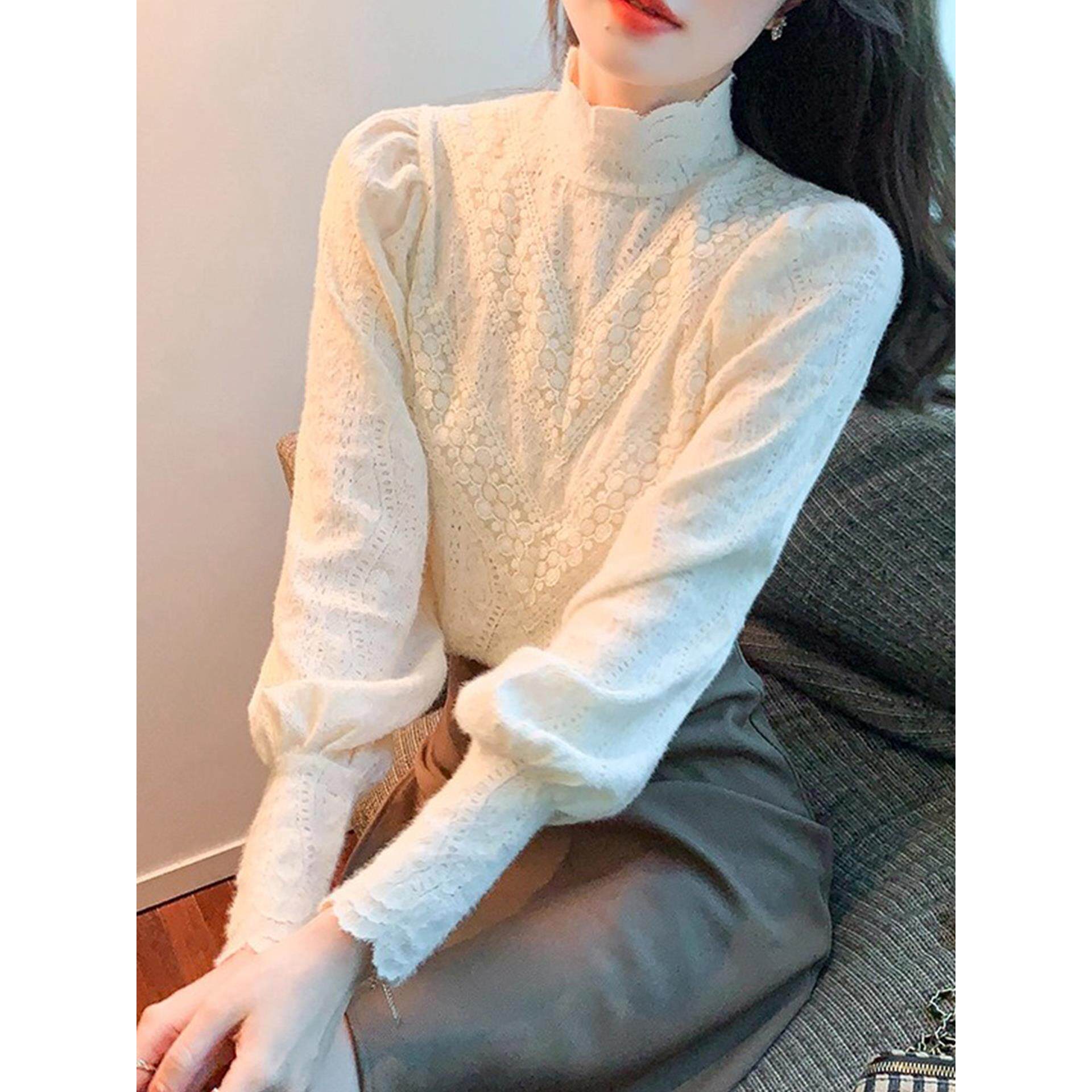 JOYIASS加绒加厚半高领蕾丝衬衫女士秋冬巨好看的独特漂亮内搭打