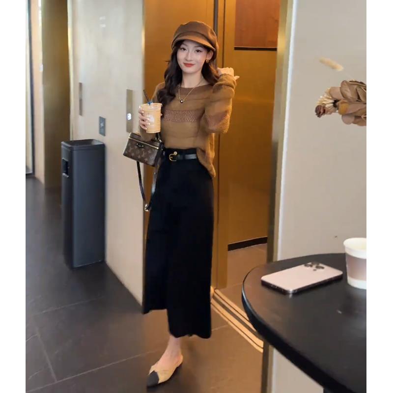 JOYIASS今年流行漂亮套装裙秋季2025新款慵懒风镂空针织衫+半身裙