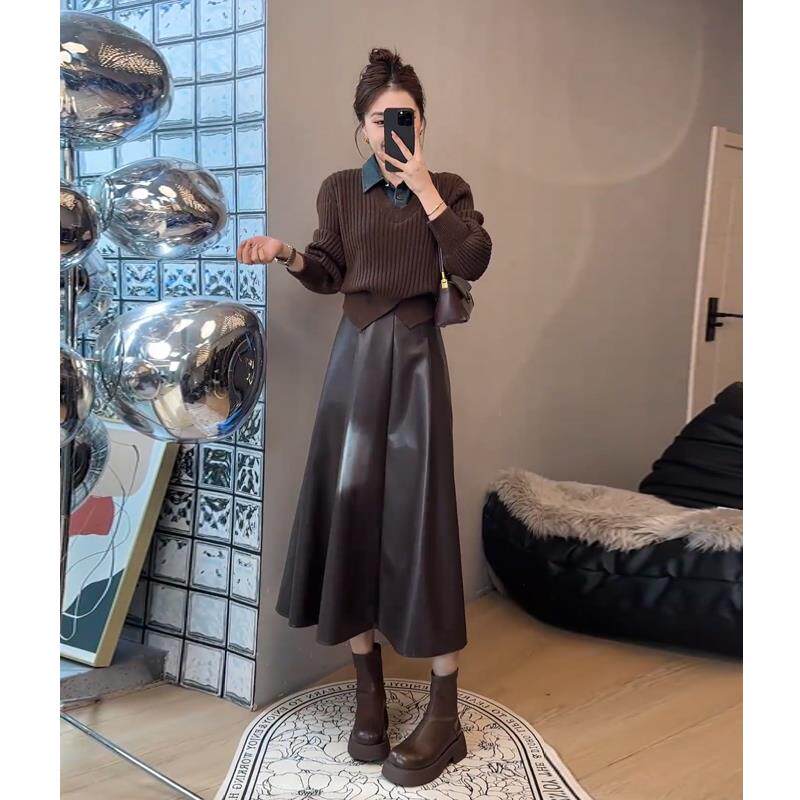 JOYIASS巨好看的秋装一整套女2025年时尚牛仔拼接针织毛衣半身皮