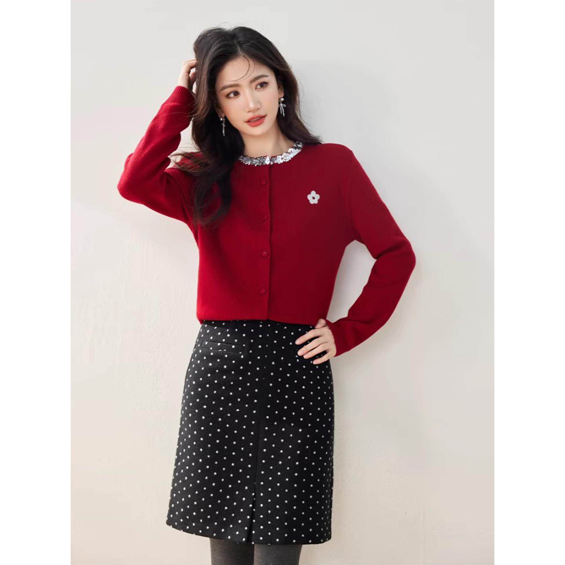 JOYIASS红色针织开衫长袖上衣女早秋巨好看的独特漂亮高级感慵懒