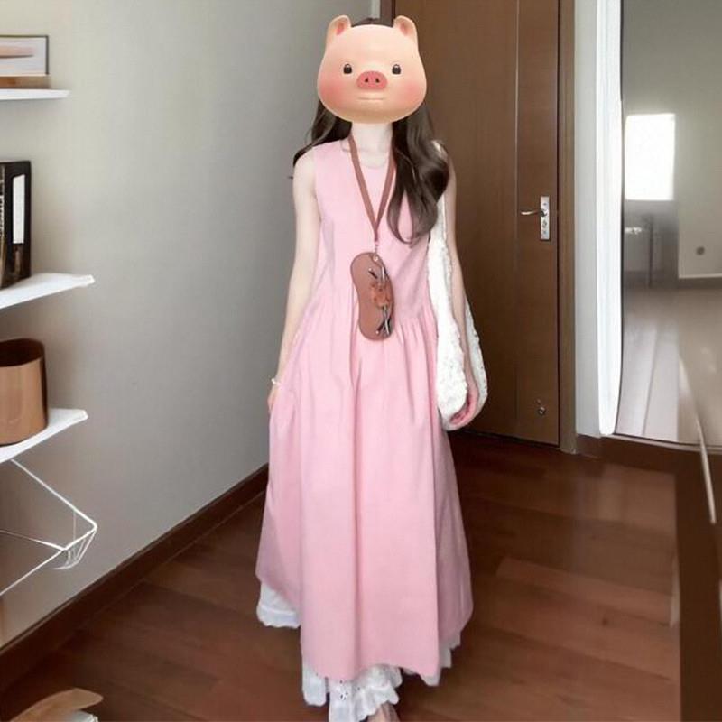 BLLOUKE粉色背心吊带连衣裙子女2025新款夏季撞色穿搭配一整套装