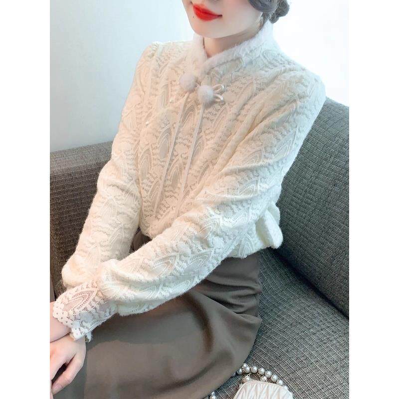 JOYIASS高级感杏色蕾丝内搭打底衫女秋冬独特漂亮别致新中式国风