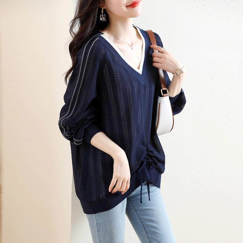 JOYIASS宽松显瘦V领长袖T恤女秋季2025新款妈妈欧货中长版遮屁股