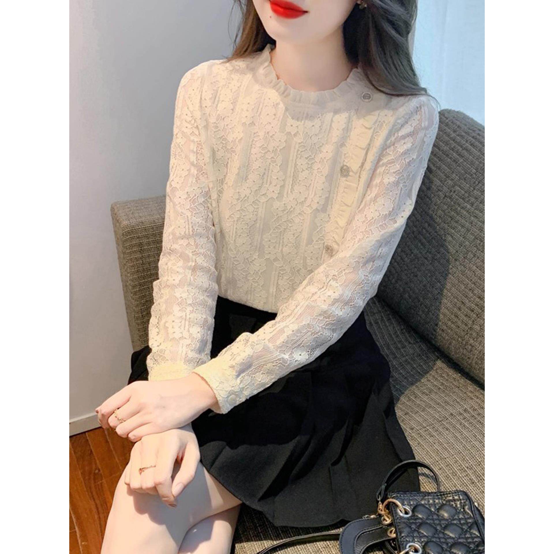 JOYIASS加绒加厚蕾丝衬衫女士秋冬巨好看的高级感独特漂亮内搭打