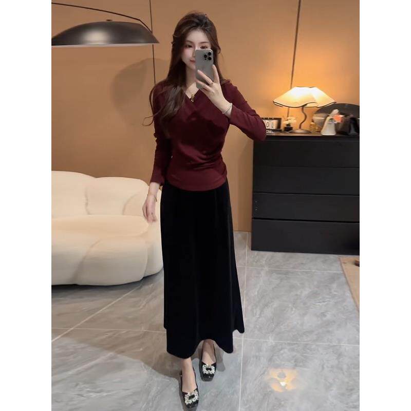 JOYIASS今年流行漂亮套装裙秋季新款贵气感御姐V领长袖衬衫半身裙