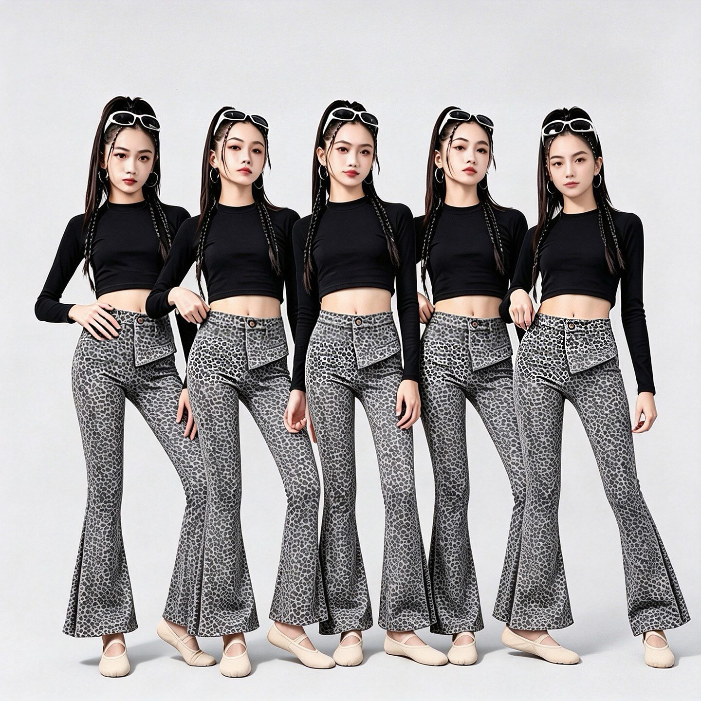 女童爵士舞形体服紧身黑白长袖豹纹喇叭长裤少儿舞蹈训练艺考套装