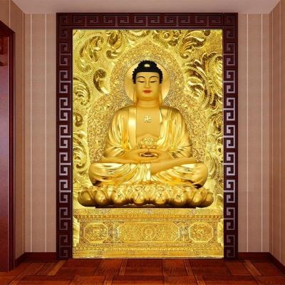 金色佛堂佛像如来佛壁纸佛教寺庙壁画玄关j金色南无阿弥陀佛墙壁.