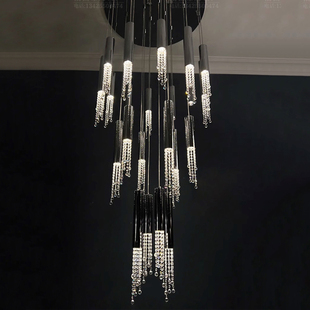 中山古镇灯饰别墅挑高中空大厅楼梯轻奢餐厅复式客厅水晶吊灯流星