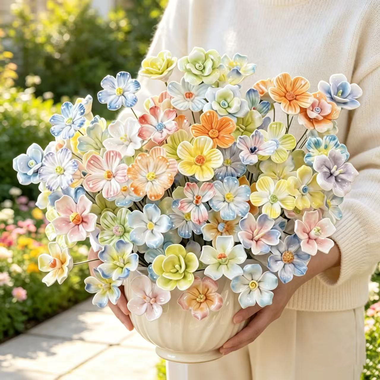 瓷都德化陶瓷仿真花 铁丝花束 DIY装饰品 手捏陶瓷花 陶瓷永生花