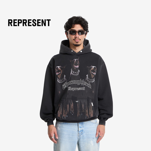 REPRESENT杜宾印花纯绵连帽卫衣