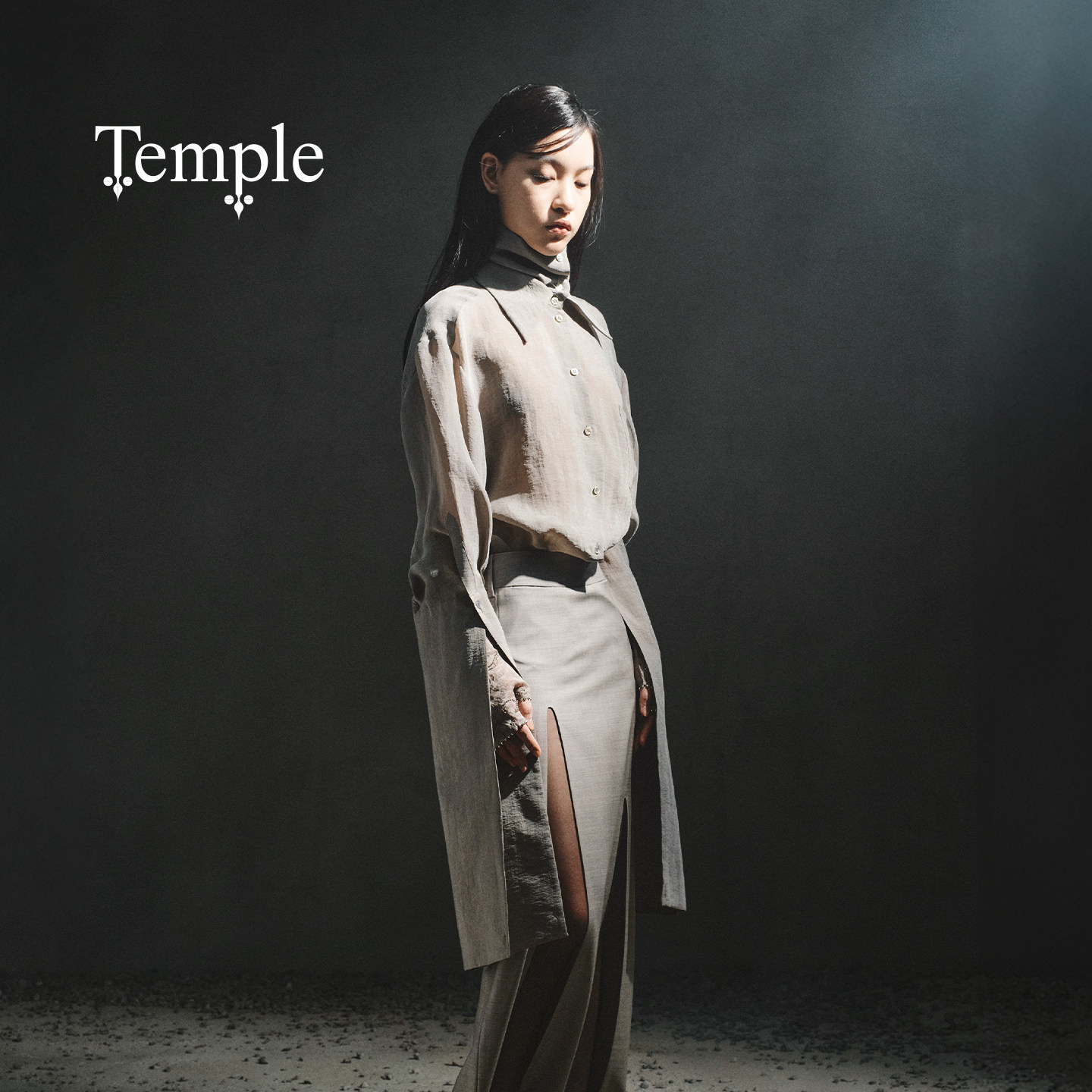 TEMPLE叠层解构高领翻领长袖衬衫