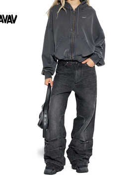 【奢华街头】AVAVAV 褶皱做旧纯棉水洗中腰阔腿加长牛仔裤