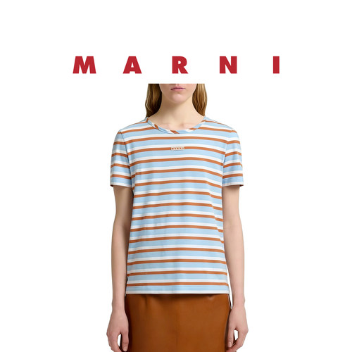MARNI蓝棕条纹logo布贴短袖T恤