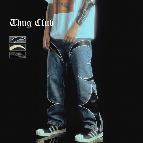 THUGCLUB皮革拼贴水洗牛仔裤