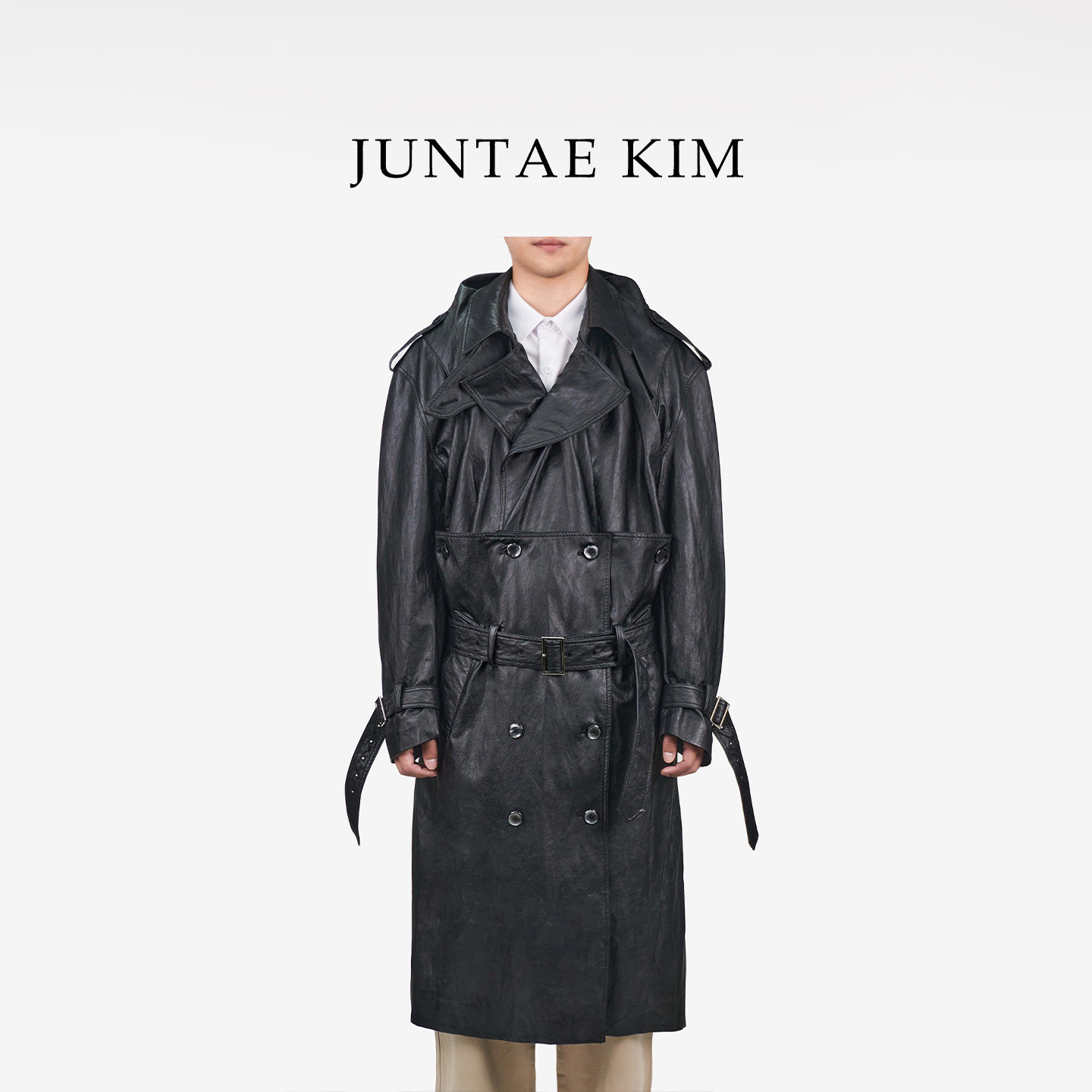 JUNTAEKIM束腰双排扣皮革大衣