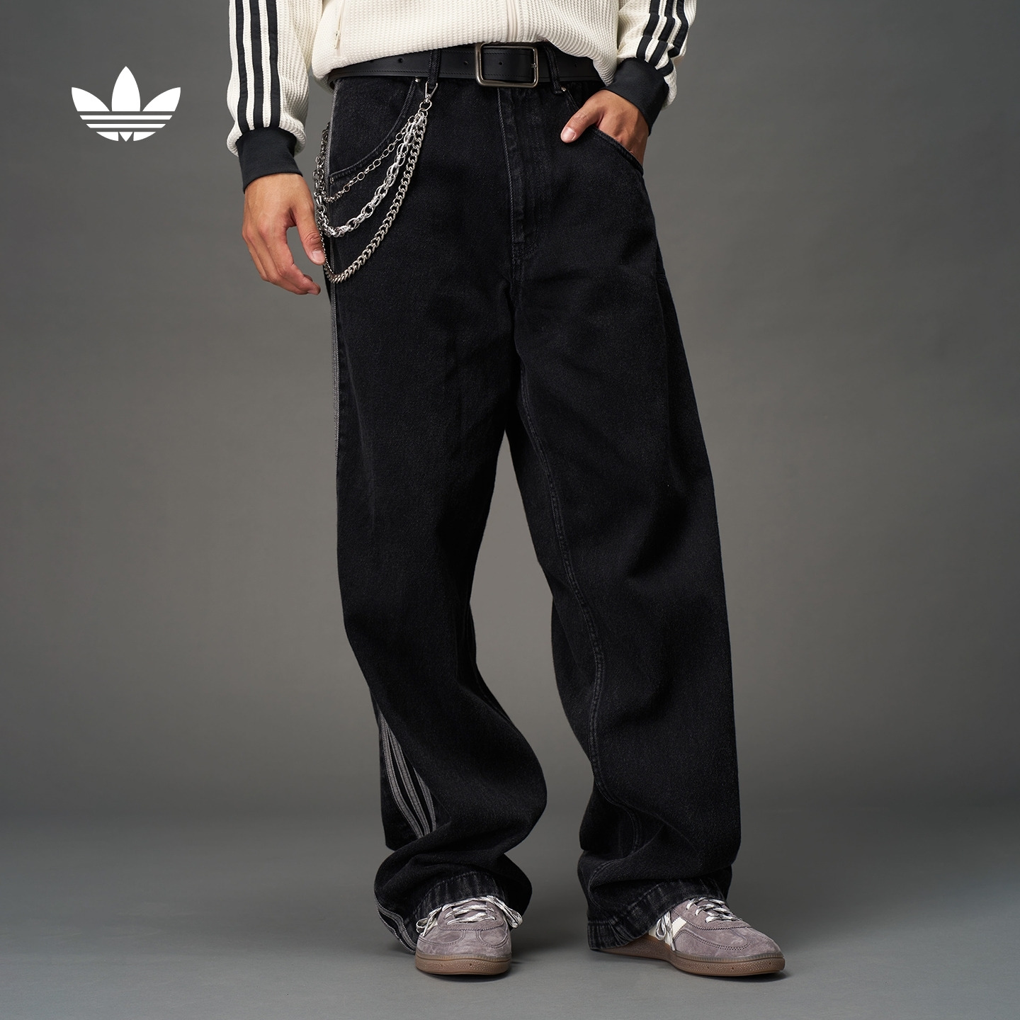 阿迪达斯三叶草男廓形牛仔运动裤