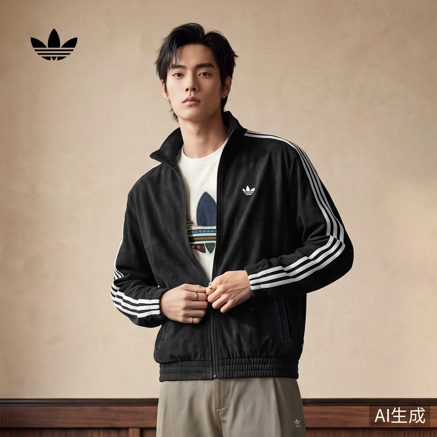 三条纹滑板风绒面质感复古运动夹克外套男秋adidas阿迪达斯三叶草