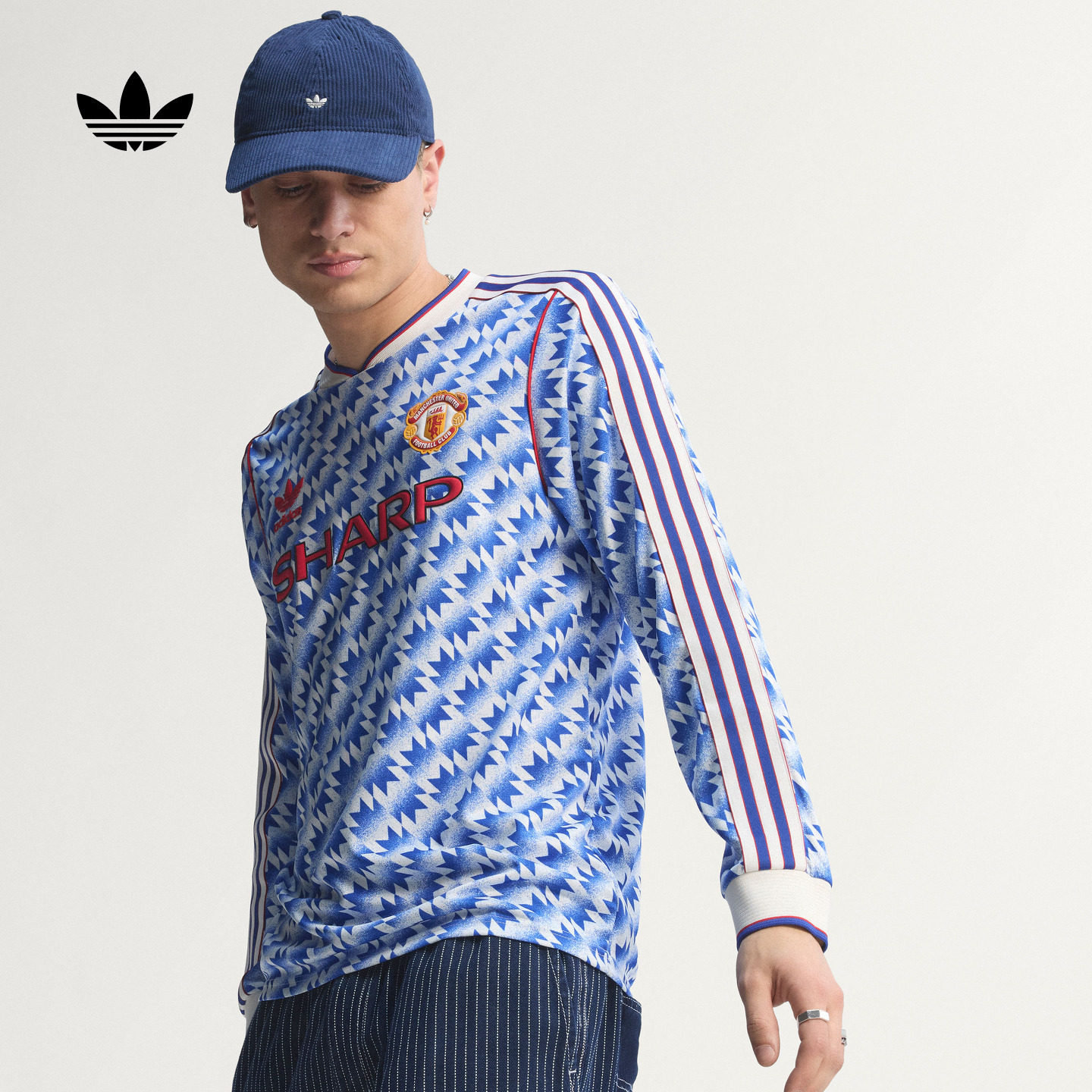 曼联1991/92复古足球休闲文化修身V领长袖球衣男adidas阿迪达斯