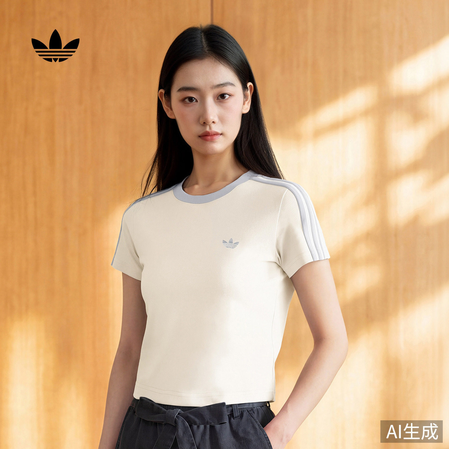 简约日常修身运动正肩短袖T恤女adidas Originals阿迪达斯三叶草图片