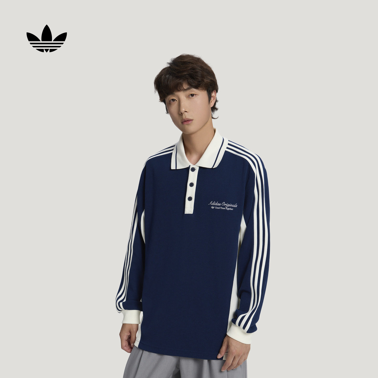 撞色条纹宽松休闲运动长袖POLO衫上衣男秋季adidas阿迪达斯三叶草