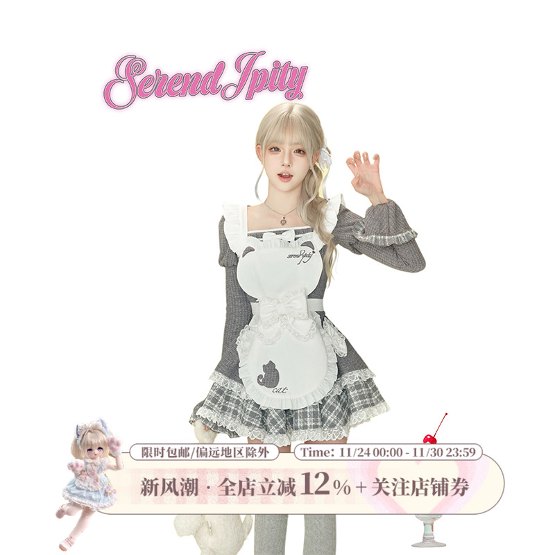 【甜品系】 椰蓉小猫 灰色针织上衣+小猫刺绣围裙+灰色针织蛋糕裙