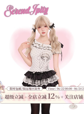 少女椰子【漫感系】波点次元 白色波点印花上衣+黑色波点蛋糕裙女