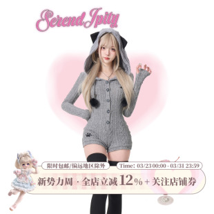 春季 绒灰小猫 灰色显瘦收腰针织连体衣连衣裙 日常系 少女椰子