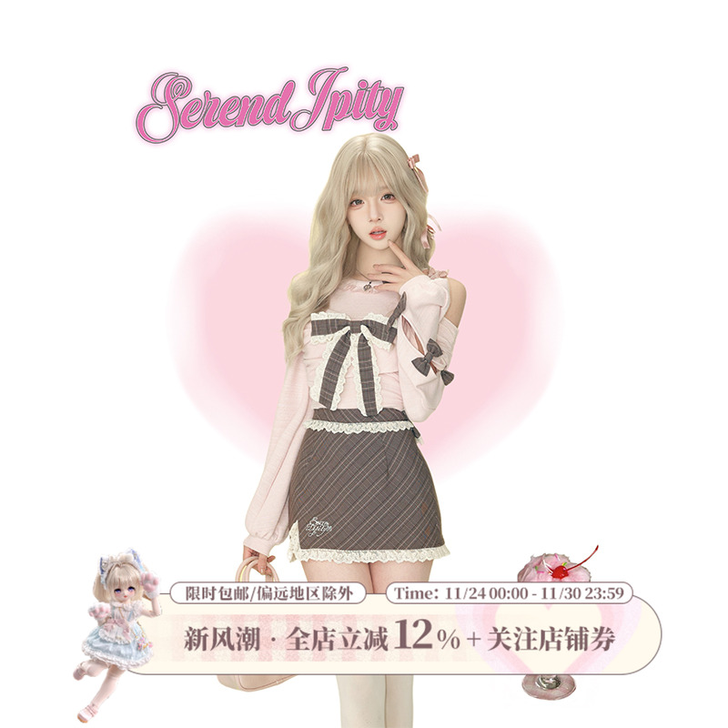 【日常系】 巧克力舞曲 粉色蝴蝶结针织上衣+格纹包臀裙